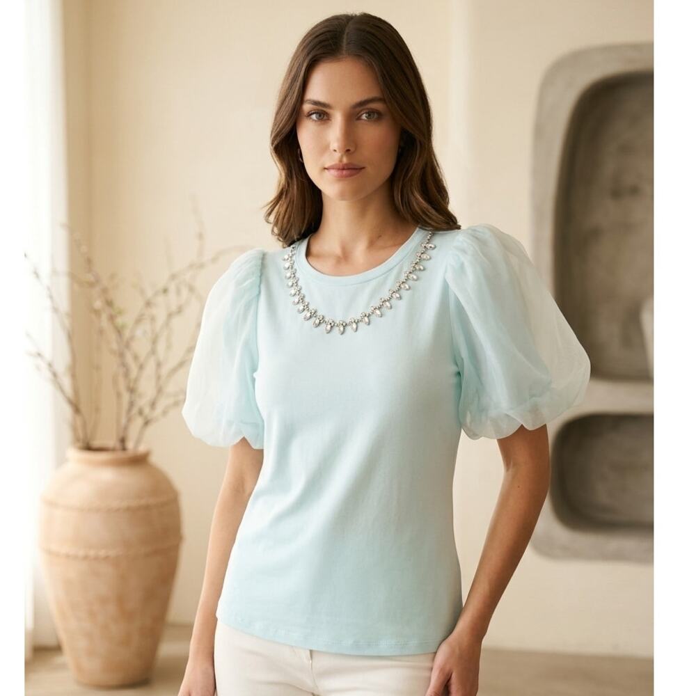 CeCe Blouse Top Womens M Mint Puff Sleeve Detachable Rhinestone Jewel Neck